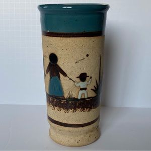 Vintage Tonala Mexican Vase Tall 9” Hand Painted Sandstone Pottery Signed EUC